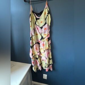 Max & Cleo Asymmetrical Floral Dress - Yellow and Pink 100% Silk Whimsical